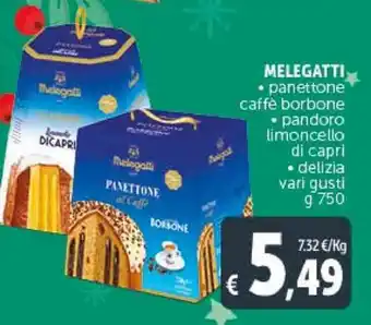 Deco Supermercati MELEGATTI panettone caffè borbone, pandoro limoncello di capri g 750 offerta