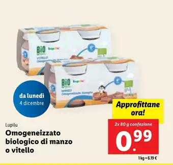 Lidl Lupilu Omogeneizzato biologico di manzo o vitello 2x 80 g confezione offerta