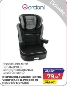 Giordani - seggiolino auto indianapolis grigio/nero/bianco gr 2/3 (15-36kg)