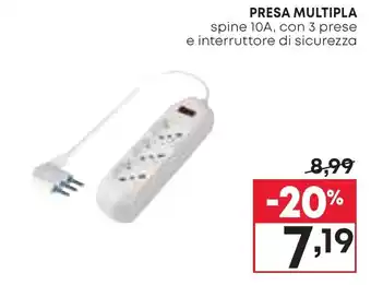 PRESA MULTIPLA spine 10A, con 3 prese e interruttore di sicurezza