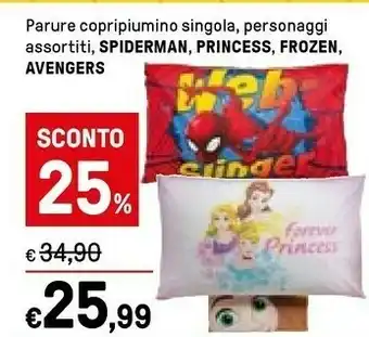 Parure Copripiumino Singola Spiderman, Princess, Frozen, Avengers