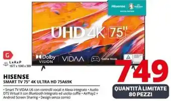 Comet HISENSE SMART TV 75" 4K ULTRA HD 75A69K offerta
