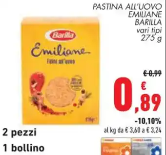Conad Superstore PASTINA ALL'UOVO EMILIANE BARILLA vari tipi 275 g offerta