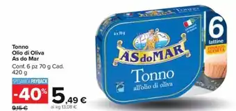 Carrefour Market Tonno Olio di Oliva As do Mar Conf. 6 pz 70 g Cad. 420 g offerta