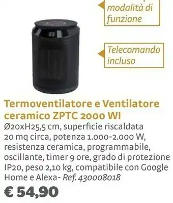 Bricocenter Termoventilatore E Ventilatore Ceramico Zptc 2000 Wi offerta