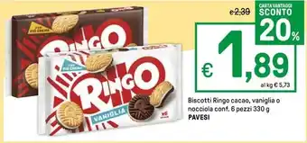 Iper La Grande Biscotti Ringo cacao, vaniglia o nocciola conf. 6 pezzi 330 g PAVESI offerta