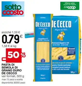 Coop PASTA DI SEMOLA DI GRANO DURO DE CECCO vari formati, 500 g offerta