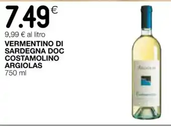 Coop VERMENTINO DI SARDEGNA DOC COSTAMOLINO ARGIOLAS 750 ml offerta