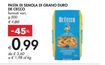 Bennet PASTA DI SEMOLA DI GRANO DURO DE CECCO formati vari, offerta