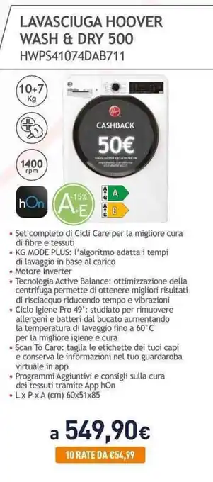 Unieuro LAVASCIUGA HOOVER WASH & DRY 500 HWPS41074DAB711 offerta