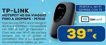 Euronics TP-LINK HOTSPOT 4G DA VIAGGIO FINO A 150MBPS-M7010 offerta