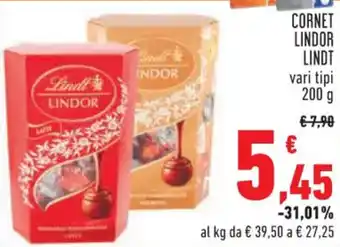 Conad CORNET LINDOR LINDT vari tipi 200 g offerta