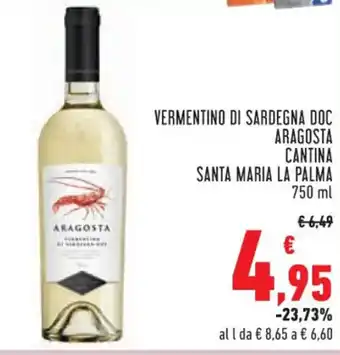 Conad VERMENTINO DI SARDEGNA DOC ARAGOSTA CANTINA SANTA MARIA LA PALMA 750 ml offerta