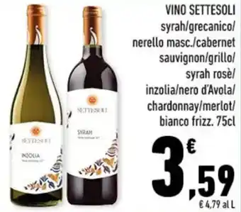 Conad VINO SETTESOLI syrah/grecanico/ chardonnay/merlot/ bianco frizz. 75cl offerta