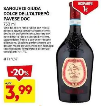 DPiù SANGUE DI GIUDA DOLCE DELL'OLTREPÒ PAVESE DOC 750 ml offerta