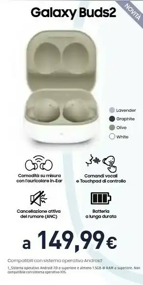 Unieuro Samsung Galaxy Buds2 Cuffia Auricolare Bluetooth Bianco offerta