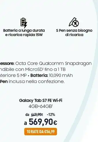 Unieuro Samsung Galaxy Tab S7 FE Tablet Android 12,4 Pollici 5G RAM 4 GB 64 GB Tablet Android 11 Black offerta