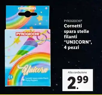 Lidl PYROGIOCHI Cornetti spara stelle filanti "UNICORN", 4 pezzi offerta