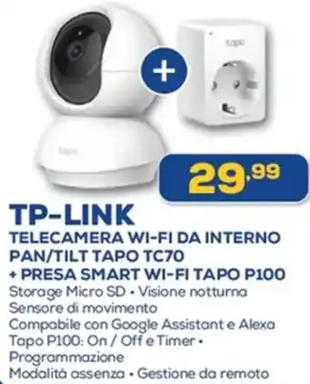 Euronics TP-LINK TELECAMERA WI-FI DA INTERNO PAN/TILT TAPO TC70 + PRESA SMART WI-FI TAPO P100 offerta