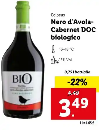 Lidl Coloeus Nero d'Avola- Cabernet DOC biologico 0,75 l bottiglia offerta