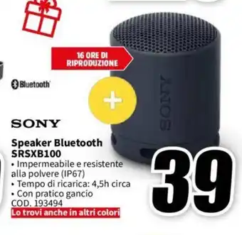 MediaWorld SONY Speaker Bluetooth SRSXB100 offerta