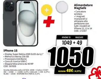 MediaWorld iPhone 15 + Alimentatore MagSafe offerta