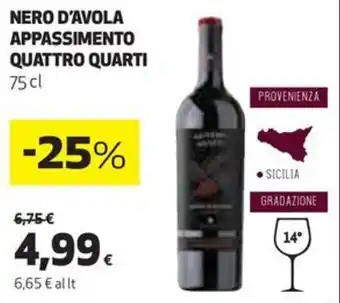 Coop NERO D'AVOLA APPASSIMENTO QUATTRO QUARTI 75cl offerta
