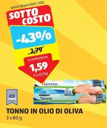 ALDI TONNO IN OLIO DI OLIVA 3x80g offerta
