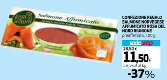 Coop CONFEZIONE REGALO SALMONE NORVEGESE AFFUMICATO ROSA DEL NORD RIUNIONE preaffettato, 400 g offerta
