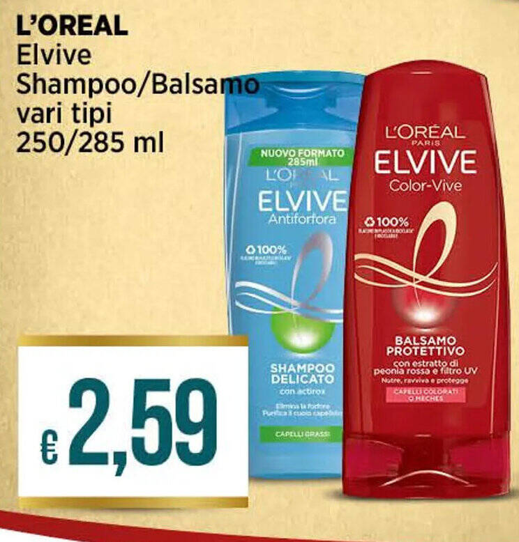 L'OREAL Elvive Shampoo/Balsamo vari tipi 250/285 ml offerta di Ipercoop