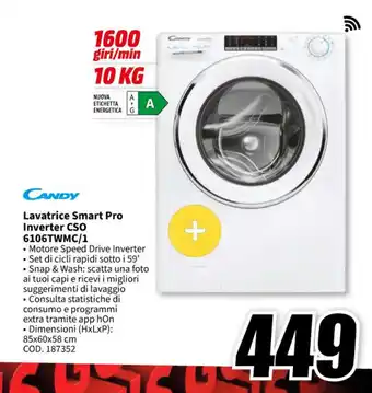 MediaWorld CANDY Lavatrice Smart Pro Inverter CSO 6106TWMC/1 offerta