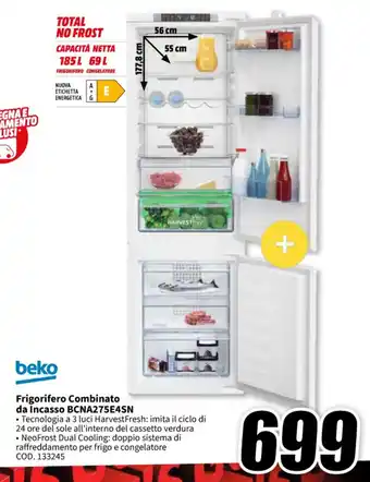 MediaWorld beko Frigorifero Combinato da Incasso BCNA275E4SN offerta