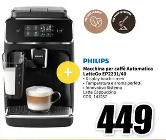 MediaWorld PHILIPS Macchina per caffè Automatica LatteGo EP2231/40 offerta