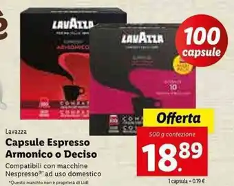 Lidl Lavazza Capsule Espresso Armonico o Deciso 500g offerta