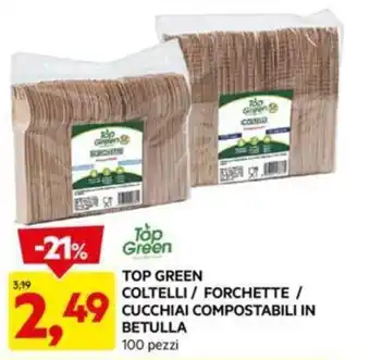 DPiù TOP GREEN COLTELLI / FORCHETTE / CUCCHIAI COMPOSTABILI IN BETULLA 100 pezzi offerta