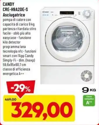 DPiù CANDY CRE-H9A2DE-S Asciugatrice offerta