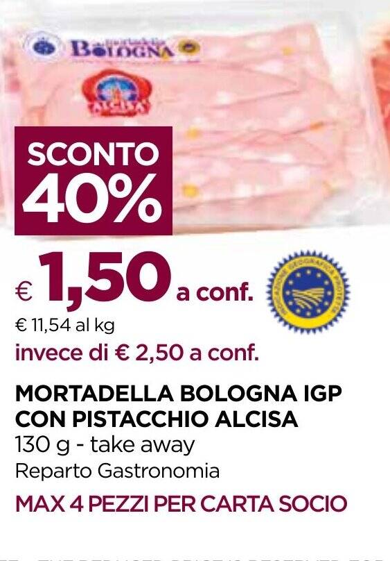 MORTADELLA BOLOGNA IGP CON PISTACCHIO ALCISA 130 g offerta di Unicoop