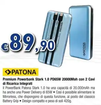PATONA Premium Powerbank Stark 1.0 PD65W 20000Mah con 2 Cavi di Ricarica Integrati