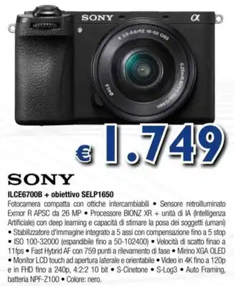 Photop SONY ILCE6700B + obiettivo SELP1650 offerta