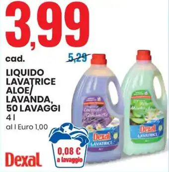 Eurospin Dexal LIQUIDO LAVATRICE ALOE/ LAVANDA, 50 LAVAGGI 4 L offerta