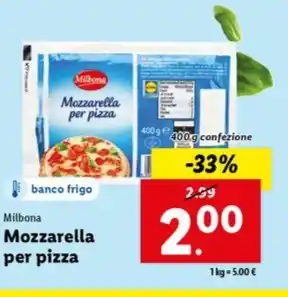 Lidl Milbona Mozzarella per pizza 400 g confezione offerta