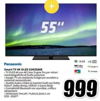 MediaWorld Panasonic Smart TV 4K OLED 55MZ800E offerta