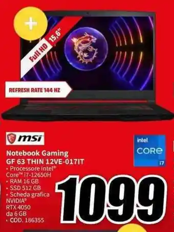 MediaWorld msi Notebook Gaming GF 63 THIN 12VE-017IT offerta