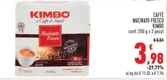 Conad City CAFFÈ MACINATO FRESCO KIMBO conf. 250 g x 2 pezzi offerta