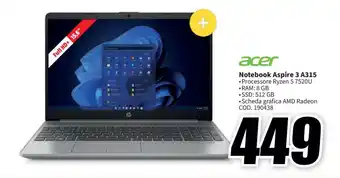 MediaWorld acer Notebook Aspire 3 A315 offerta