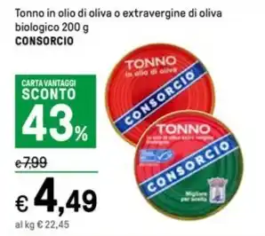 Iper La Grande Tonno in olio di oliva o extravergine di oliva biologico 200 g CONSORCIO offerta