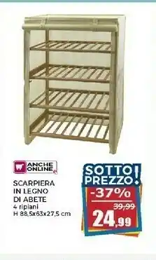 Scarpiera In Legno Di Abete 4 Ripiani H 88.5x63x27.5 Cm