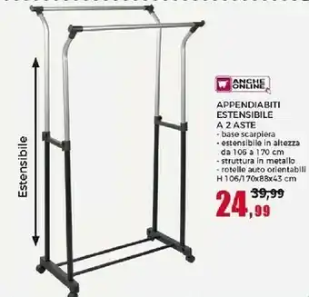 Happy Casa Appendiabiti Estensibilie A 2 Aste H 170x88x43 Cm offerta