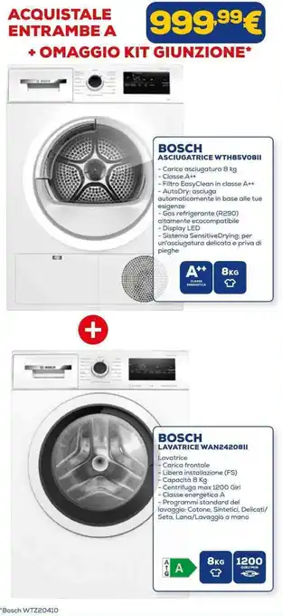 Euronics BOSCH ASCIUGATRICE WTH85V08II + BOSCH LAVATRICE WAN24208II offerta