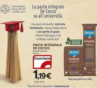 Ipercoop PASTA INTEGRALE DE CECCO formati normali, 500 g offerta